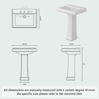 Bathroom Pedestal Sink 26 X 20 Inch | Ceramic Basin with Backsplash, 3 Faucet Holes (8 Inch Widespread), Space-Saving Design for Small Bathrooms