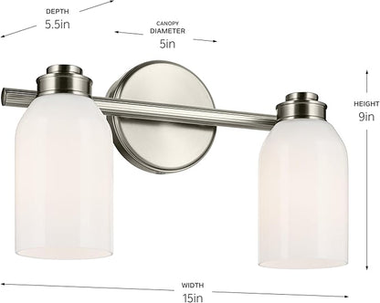 Kichler Shae 15" 2-Light Vanity Light with White Opal Glass in Brushed Nickel, for Bathroom Vanity, Powder Room, Over a Mirror, (15" W x 9" H), 55201NI