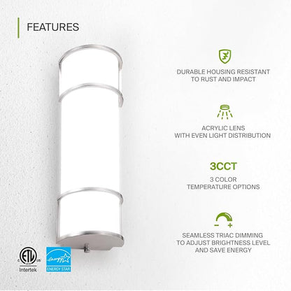 ASD LED 18" Vanity Flush Mount Light Fixture, Linear Bathroom Lighting Bar | 3CCT, Dimmable, Energy Star, ETL Listed | 20W 1650LM 3000-5000K 120V | Long Bath Wall Sconce Over Mirror | Nickel, 2 Pack