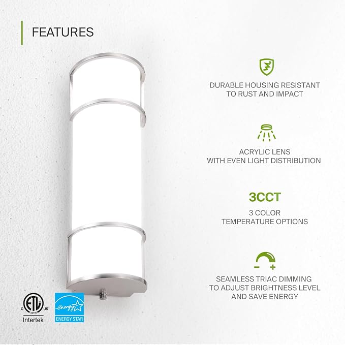 ASD LED 18 Inch Flush Mount Vanity Lighting Fixture | 20W 1650LM 3000K-5000K 120V | 3CCT, Dimmable, Energy Star, ETL Listed | Bathroom Linear Wall Light Bar, Long Tube Bath Sconce | Nickel, 4 Pack