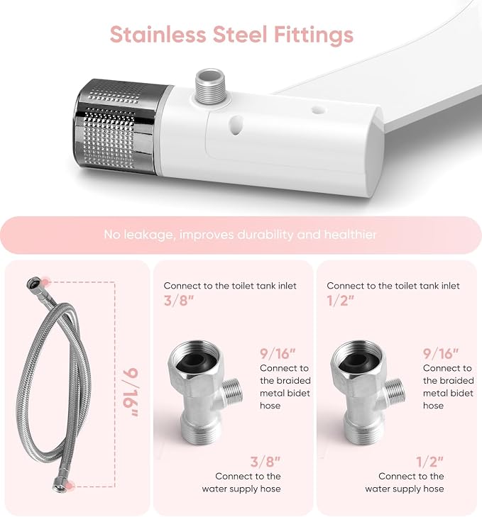 Ultra-Slim Bidet Attachment, Posterior&Feminine Wash-(Retractable Dual Nozzles), Non-Electric Bidet Attachment for Toilet Seat, Adjustable Fresh Cold Water Pressure, Stainless Steel Inlet (DarkGray)