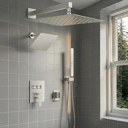Shower Faucet Set, Wall Mount 12" Rain Shower System with Handheld and 6" Rainfall Shower Head, Can Use 2 Modes Together for Two People, 3 Way Shower Valve with 5 Diverter Complete,Brushed Nickel