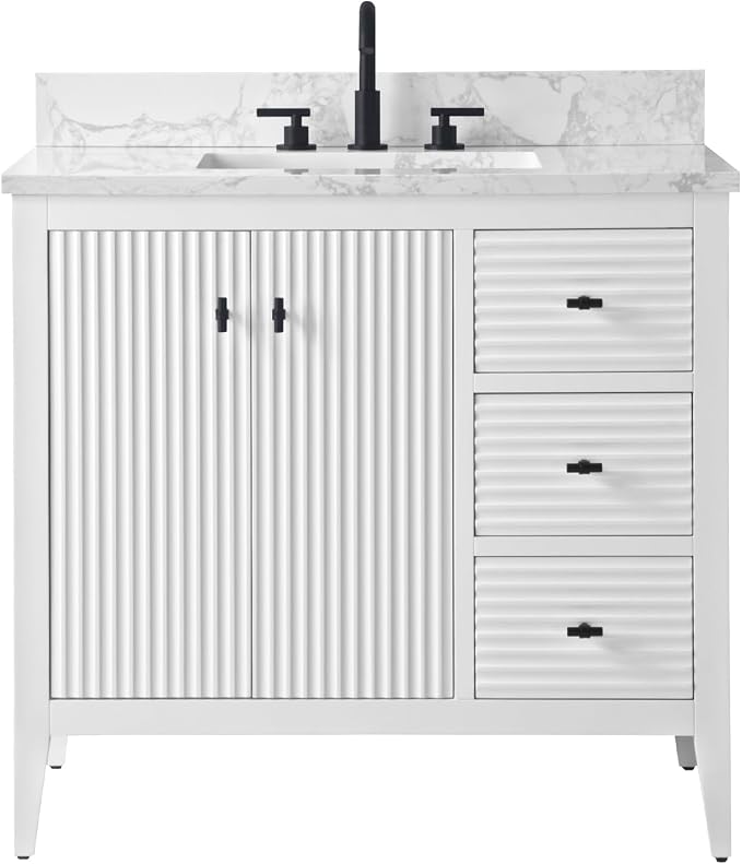 Vanity Art 36 inch Bathroom Vanity with Single Sink & Ceramic Top, Vanity Cabinet with Soft-Closing Door, Solid Wood Frame, Linear Pattern, White, VA9136-W-MB,Matte Black Handles