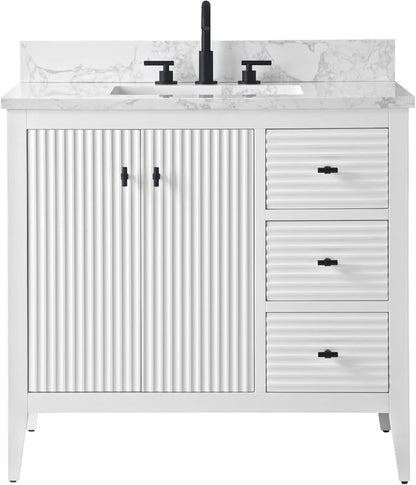 Vanity Art 36 inch Bathroom Vanity with Single Sink & Ceramic Top, Vanity Cabinet with Soft-Closing Door, Solid Wood Frame, Linear Pattern, White, VA9136-W-MB,Matte Black Handles
