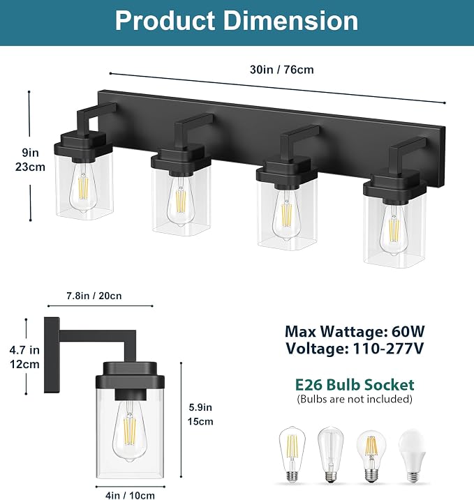 Matte Black Bathroom Light Fixtures, Modern Vanity Lights with Clear Glass Lamp Shade, Bathroom Lighting Fixtures Over Mirror, Restroom Vanity Lighting Fixture, 4-Light 30 Inch