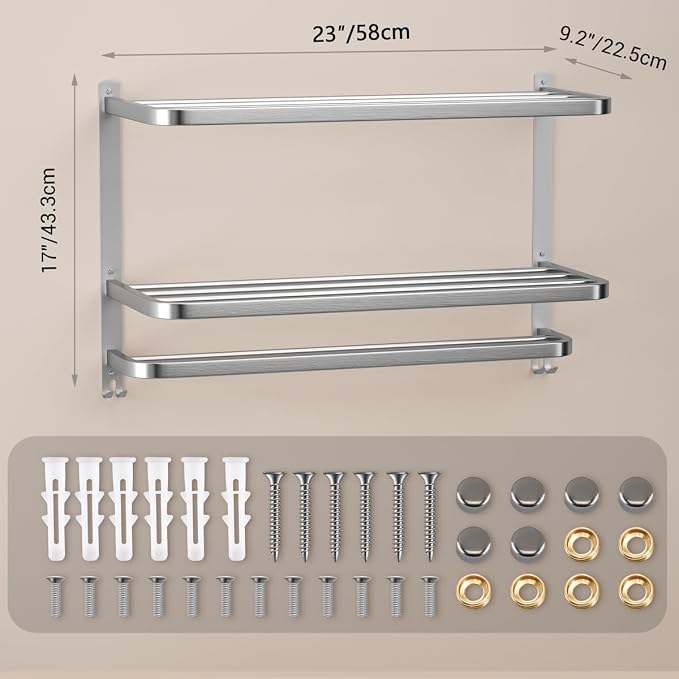 23" Towel Racks for Bathroom with Towel Bars, 3 Tier Hotel Towel Shelf Stainless Steel Wall-Mounted Holder with Towel Shelves Brushed Nickel