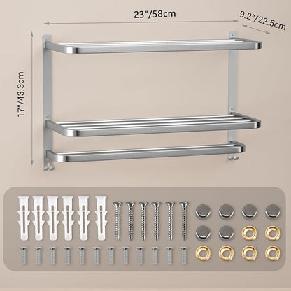 23" Towel Racks for Bathroom with Towel Bars, 3 Tier Hotel Towel Shelf Stainless Steel Wall-Mounted Holder with Towel Shelves Brushed Nickel