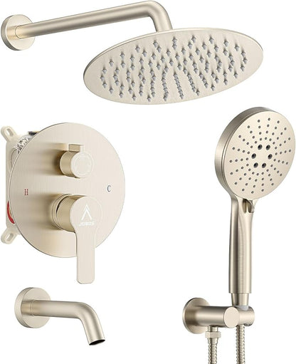 3 Functions Shower System，Modern Three-Setting 10-Inch Round Rain Shower Head and Faucet Set，Shower Faucet Set Complete Rough-in Valve and Trim Kit Included（Brushed Nickel）