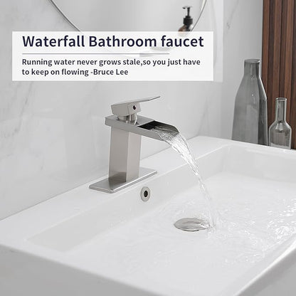 BWE Waterfall Bathroom Faucet Brushed Nickel with Pop Up Drain Stopper Assembly and Supply Line Single Handle for Sink One Hole Faucets Vanity Lavatory Mixer Tap