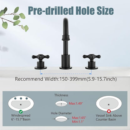 3 Hole Bathroom Sink Faucet Widespread Metal Label Matte Black | High-Arc Swivel Spout,Pop Up Drain,Cross Handle,cUPC Hose,for 6-16″Centerset Basin,Farmhouse,RV,Vanity,Lavatory 8" Mixer Tap