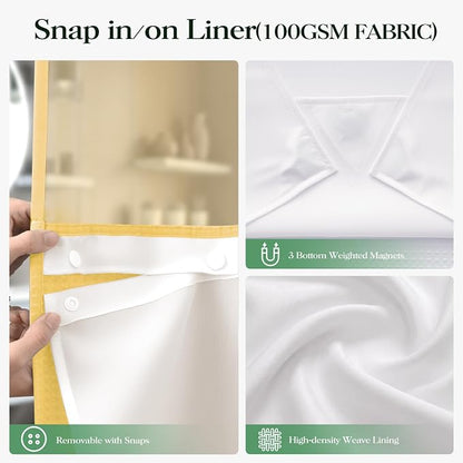 Gold Hook Free Waffle Shower Curtain & Snap-in Fabric Liner,72x99 | Less Time to install, 3 in 1 Fabric Shower Curtain and Liner Set with Magnets, Extra Long, Shower Curtains for Bathroom