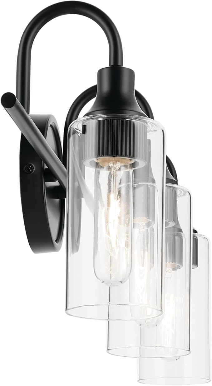 Kichler Kavi 23" 3-Light Vanity Light with Clear Glass in Black, Damp Rated, for Bathroom, Powder Room, Over a Mirror, (23" W x 10" H), 55211BK