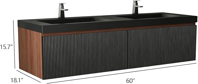 60 Inch Floating Bathroom Vanity with Double Sinks, Wall Mounted Striped Storage Cabinet, Soft Close Drawer, Black Quartz Sand Basin, Fully Assembled, Smoked Walnut Finish