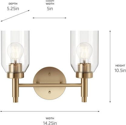 Kichler Madden 2-Light Vanity with Clear Glass in Champagne Bronze, Sloped Ceiling Compatible, for Single or Double Vanity in Bathroom (10.5" x 14.25"), 55184CPZ
