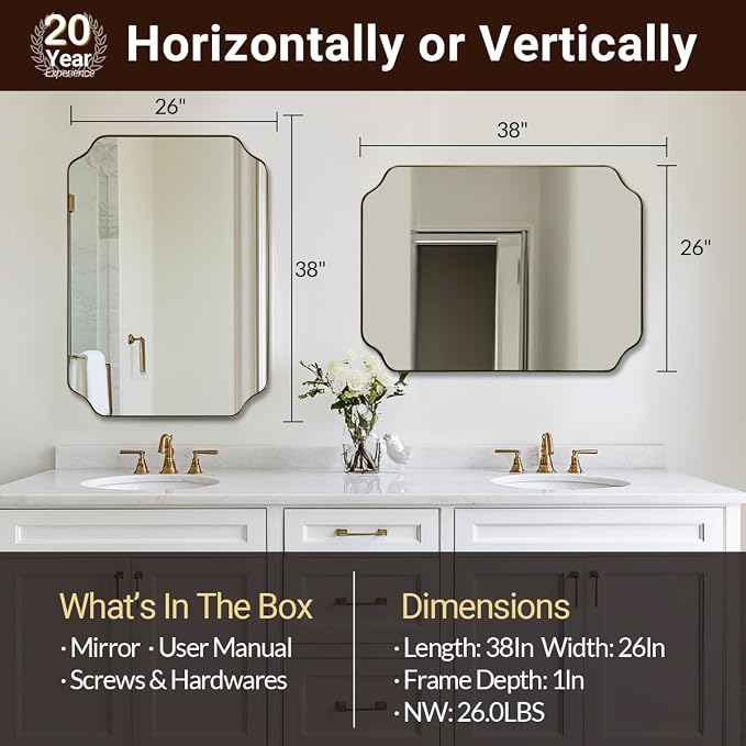 Brushed Gold Scalloped Bathroom Mirror, 26"x38" Rectangle Mirror | Rustproof Stainless Steel Frame, Anti-Corrosion HD Glass, Unique Notched Corners, Horizontal or Vertical, Ideal for Bathroom