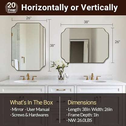 Brushed Gold Scalloped Bathroom Mirror, 26"x38" Rectangle Mirror | Rustproof Stainless Steel Frame, Anti-Corrosion HD Glass, Unique Notched Corners, Horizontal or Vertical, Ideal for Bathroom