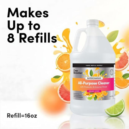 Clean Revolution SuperCharged All Purpose Cleaner Refill with Smart Probiotic + Enzyme Complex, Multi-Surface Kitchen Bathroom & Floor Cleaner, Dreamy Citrus, 128 Fl Oz