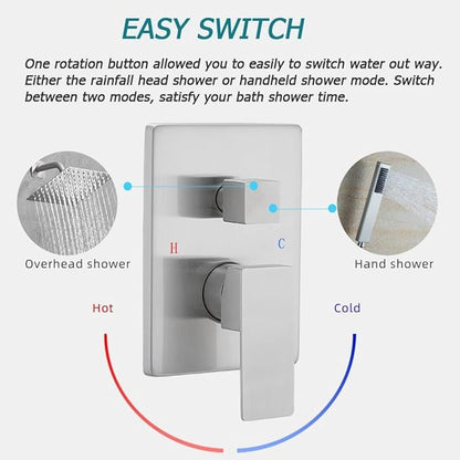 Shower System Brushed Nickel Bathroom Rainfall Shower Faucet Set Complete Wall Mounted 6 Inch Shower Head and Handle Set with Rough-in Valve Body and Trim Kit