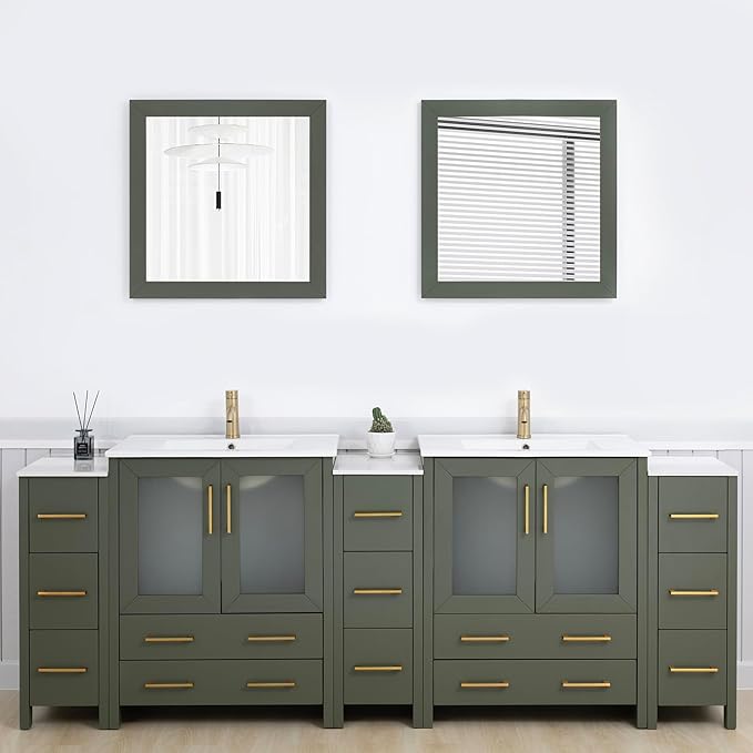 Vanity Art 96 Inch Under Mount Double Sink Bathroom Vanity Cabinet with 2 Mirrors, Ceramic Top Bathroom Cabinet Compact Set with 13 Dovetail Storage Drawers and Golden Brushed Handles, VA3030-96-VG