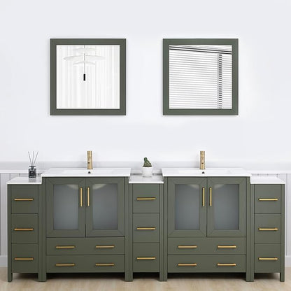 Vanity Art 96 Inch Under Mount Double Sink Bathroom Vanity Cabinet with 2 Mirrors, Ceramic Top Bathroom Cabinet Compact Set with 13 Dovetail Storage Drawers and Golden Brushed Handles, VA3030-96-VG