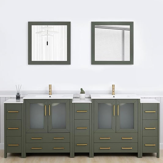 Vanity Art 96 Inch Under Mount Double Sink Bathroom Vanity Cabinet with 2 Mirrors, Ceramic Top Bathroom Cabinet Compact Set with 13 Dovetail Storage Drawers and Golden Brushed Handles, VA3030-96-VG
