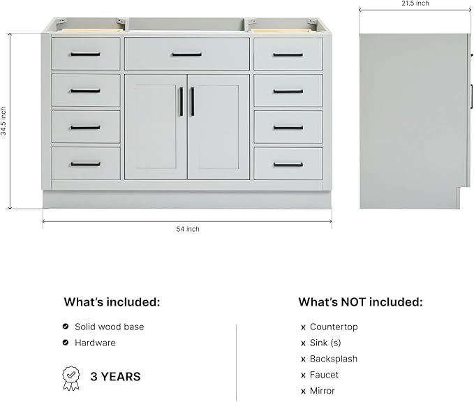 ARIEL Hepburn 54-inch Bathroom Vanity Base Cabinet,Solid Wood, 2 Soft Closing Doors, 9 Dovetail Drawers, Grey