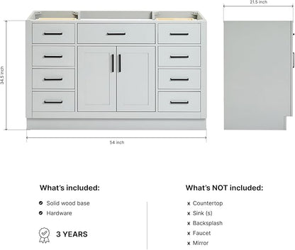 ARIEL Hepburn 54-inch Bathroom Vanity Base Cabinet,Solid Wood, 2 Soft Closing Doors, 9 Dovetail Drawers, Grey