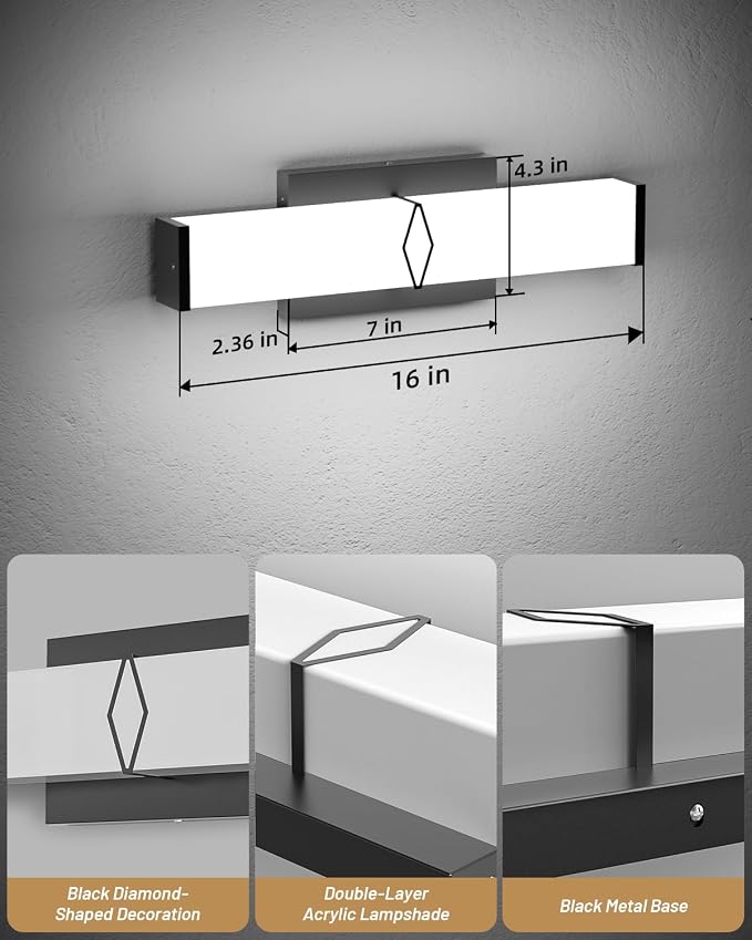 LED Bathroom Vanity Light,16inch Dimmable,20W 2000LM,5700K,ETL,BK | Integrated LED Modern Bathroom Light Fixtures,Matte Black Vanity Lighting Fixture Over Mirror,Wall Lights,ETL Certified