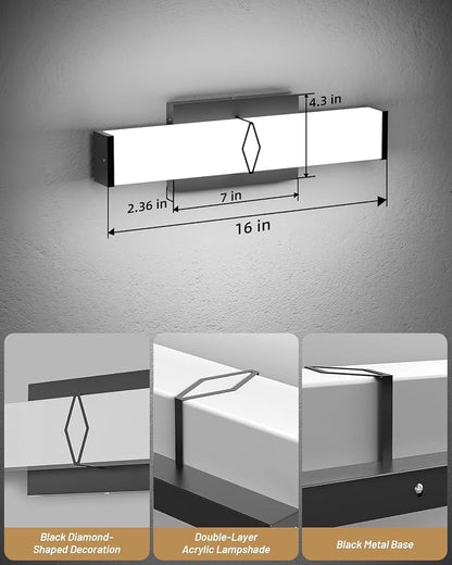 LED Bathroom Vanity Light,16inch Dimmable,20W 2000LM,5700K,ETL,BK | Integrated LED Modern Bathroom Light Fixtures,Matte Black Vanity Lighting Fixture Over Mirror,Wall Lights,ETL Certified