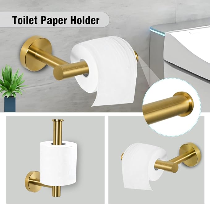5 Piece Modern Style Wall Mounted Bathroom Hardware Set | #304 Stainless Steel, 24" Towel Bar Mount, Towel Rings, L Shape Toilet Paper Holder, Bathrobe Hook (Brushed Gold)