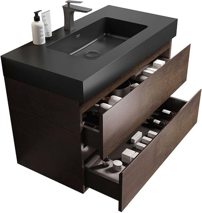 36" Floating Bathroom Vanity with Black Sink, Modern Bathroom Cabinet with Top and Soft Close Drawers, Spacious Storage for Small Space, Walnut - Lavanda Collection