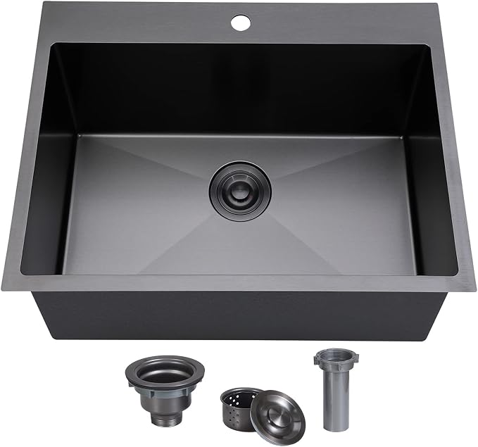22x18 Inch Black Drop In Kitchen Sink, 22 Inch Gunmetal Black Outdoor Bar Sink, 16 Gauge Stainless Steel Single Bowl Small Kitchen Sink with Strainer Drain