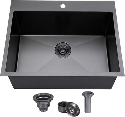 22x18 Inch Black Drop In Kitchen Sink, 22 Inch Gunmetal Black Outdoor Bar Sink, 16 Gauge Stainless Steel Single Bowl Small Kitchen Sink with Strainer Drain
