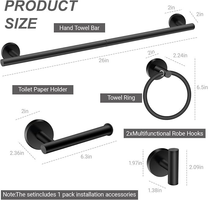 5-Piece Matte Black Bathroom Hardware Set, SUS304 Stainless Steel Wall Mounted Bathroom Accessories, 24 Inch Towel Bar, Towel Ring, Toilet Paper Holder, 2 Hooks, Rustproof Modern Bathroom Fixtures