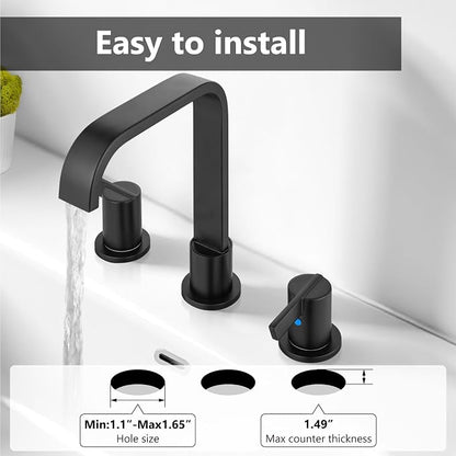 Matte Black Bathroom Faucet 3 Hole 8 Inch Widespread Waterfall | 2-Handle Vanity Faucet, Pop-Up Drain, Supply Lines, Adjustable 4- to 16-Inch Widespread Fit, 360° Swivel Spout