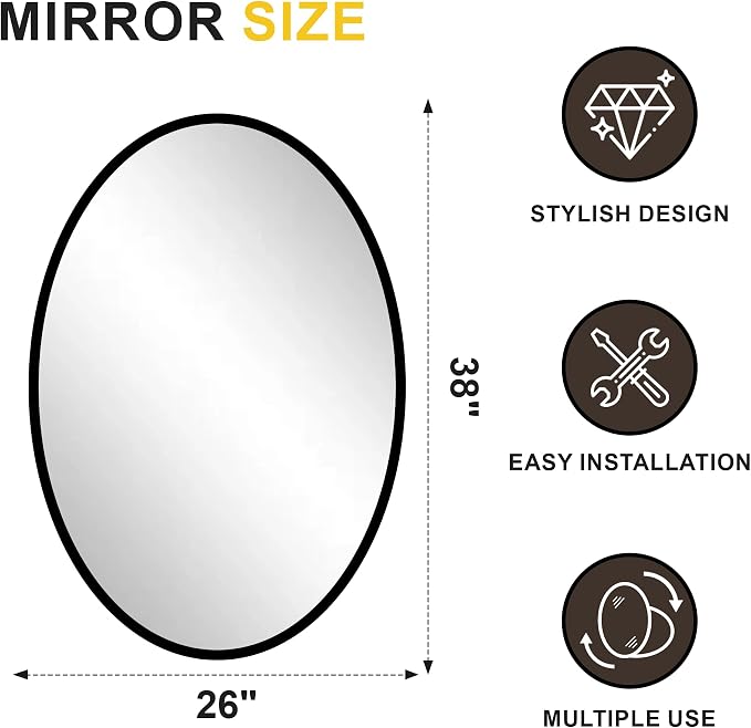 Black Oval Bathroom Mirror for Wall, 26"x38" Bathroom Vanity Mirror | HD Shatterproof Glass, Metal Framed, Oval Vanity Mirrors for Bathroom, Bedroom, Living Room, Entryway, Horizontal or Vertical
