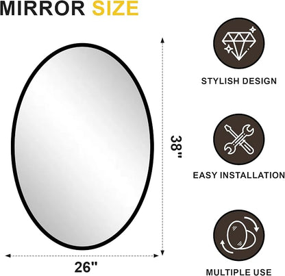 Black Oval Bathroom Mirror for Wall, 26"x38" Bathroom Vanity Mirror | HD Shatterproof Glass, Metal Framed, Oval Vanity Mirrors for Bathroom, Bedroom, Living Room, Entryway, Horizontal or Vertical