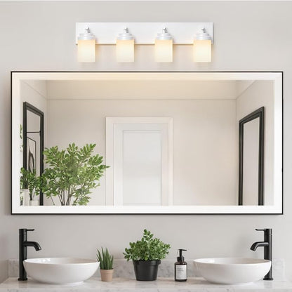 IZORRO Bathroom Vanity Light Fixture, 4-Light 30 Inch White Bathroom Light Fixtures Over Mirror, with White Glass Shade, Modern Farmhouse Vanity Lights, Rustic Restroom Lighting Fixtures