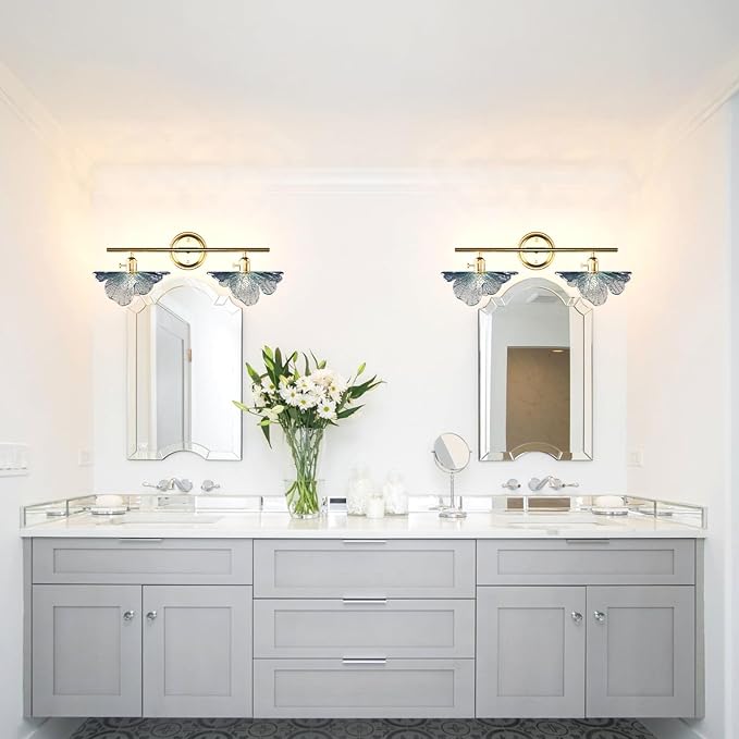 2 Light Vintage Wall Sconces with Glass Shades,Vanity Light,Bathroom Light,Wall Lighting Fixture for Mirror,Home Decor Art Wall Light (Golden+Blue, 2-Lights)