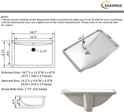 Undermount Bathroom Sink 18.7"X11.9" Inch White Rectangular Porcelain Ceramic Vanity Basin with Overflow KARAMAG