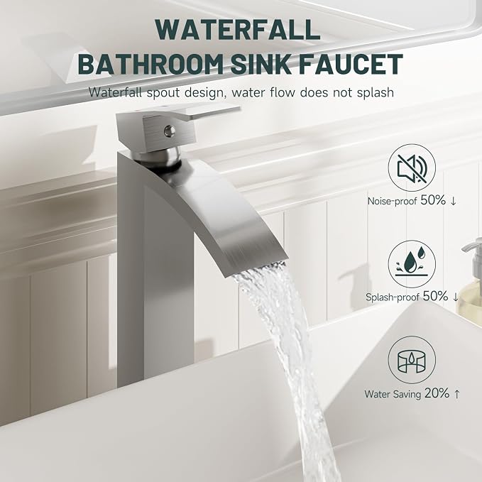 Brushed Nickel Vessel Sink Faucet, Waterfall Bathroom Faucets | Brass, Tall Spout, Single Handle 1 Hole Bathroom Faucet, Modern Basin Taps with Supply Line, Pop Up Drain, Without Overflow