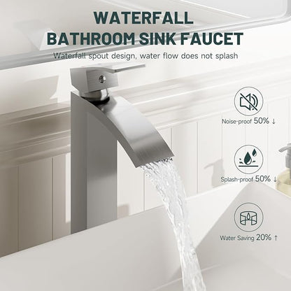 Brushed Nickel Vessel Sink Faucet, Waterfall Bathroom Faucets | Brass, Tall Spout, Single Handle 1 Hole Bathroom Faucet, Modern Basin Taps with Supply Line, Pop Up Drain, Without Overflow