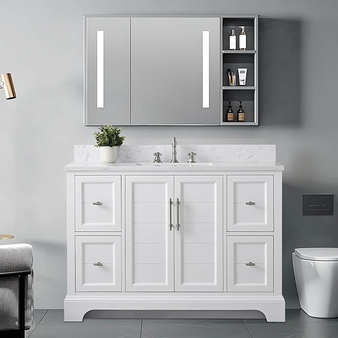 HOMEBEYOND 48 Inch Bathroom Vanity with Single Sink & Ceramic Top, Vanity Cabinet with Center Countertop Basin, Soft-Closing Doors, Backsplash,White