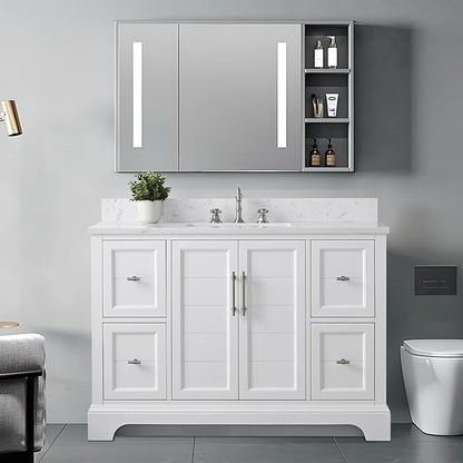 HOMEBEYOND 48 Inch Bathroom Vanity with Single Sink & Ceramic Top, Vanity Cabinet with Center Countertop Basin, Soft-Closing Doors, Backsplash,White