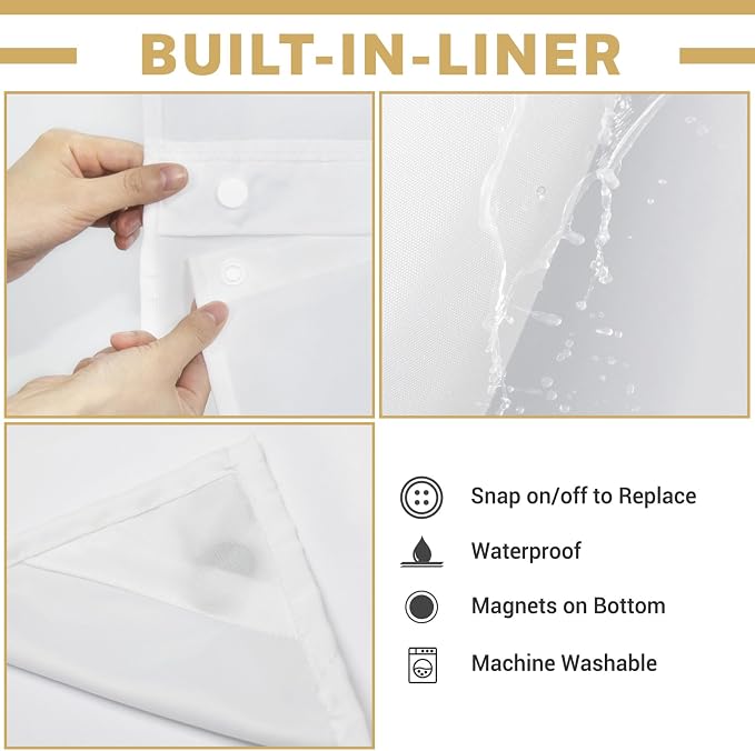 WONICY Stall No Hook Shower Curtain with Snap-in Liner, Grey, 54 x 80 | Ringless, Waterproof & Washable, Hotel Style, Mesh Top Window, Bottom Magnets, Thick, Farmhouse, for Bathroom