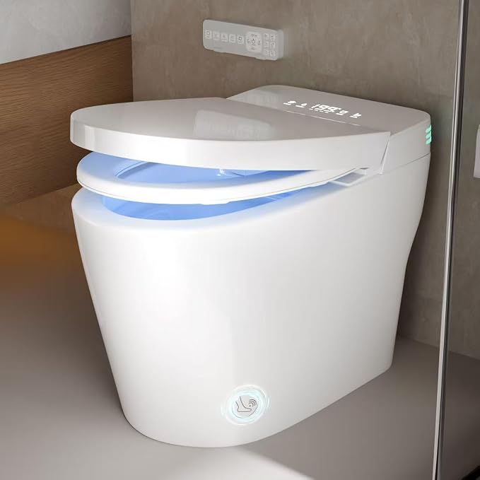 Smart Toilet with Bidet Built In, ADA Comfort Height, One Piece Elongated Toilet with Tank Built in, Pump, Auto Open Close Quiet Flush, Foam Shield, Voice Control Heated Seat,Instant Warm Water