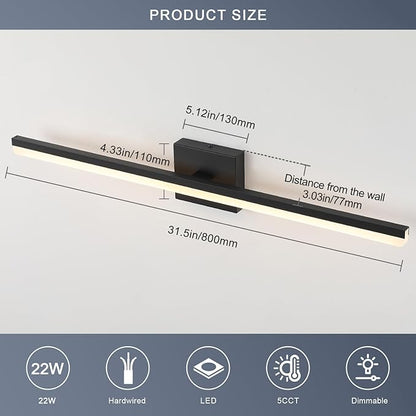 LED Modern Bathroom Vanity Light Fixtures 22W Dimmable 5CCT Vanity Light Bar Over Mirror Matte Black Wall Light for Bathroom 31.5 inch Long 110V AC ETL Certificated