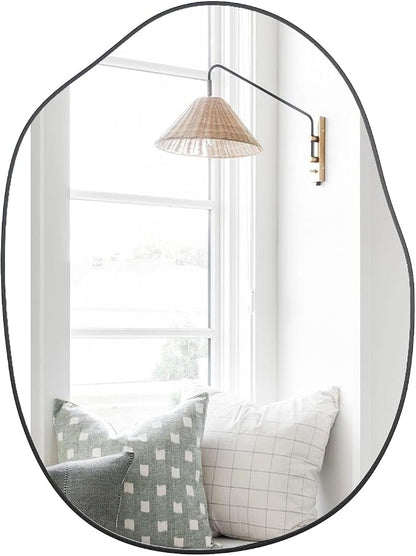 Black Irregular Mirror for Bathroom Asymmetrical Wood Vanity Mirror 24"x32" | Farmhouse Accent Vanity Mirror Hanging Horizontal/Vertical Black Wood Wall Mirror Decorative for Bathroom Bedroom Entryway
