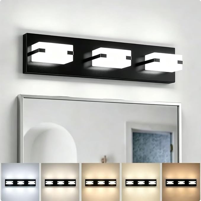 LED Bathroom Light Fixtures, 3-Light Modern Vanity Lights with Milky White Frosted Acrylic Shades, Matte Black Bathroom Lighting Fixtures Over Mirror, ETL Listed, 20W 5CCT Adjustable