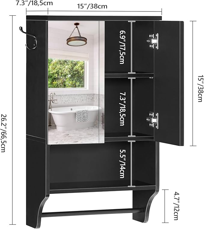 Bathroom Wall Cabinet with Mirror, Medicine Cabinet with 2 Door and Adjustable Shelf, Wall Mounted Over The Toilet Storage Cabinet with Towel Bar for Bathroom Laundry Room Kitchen, Black
